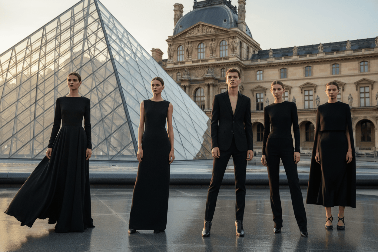 creat a image outside of Louvre museum with models are wearing black minimal clothing