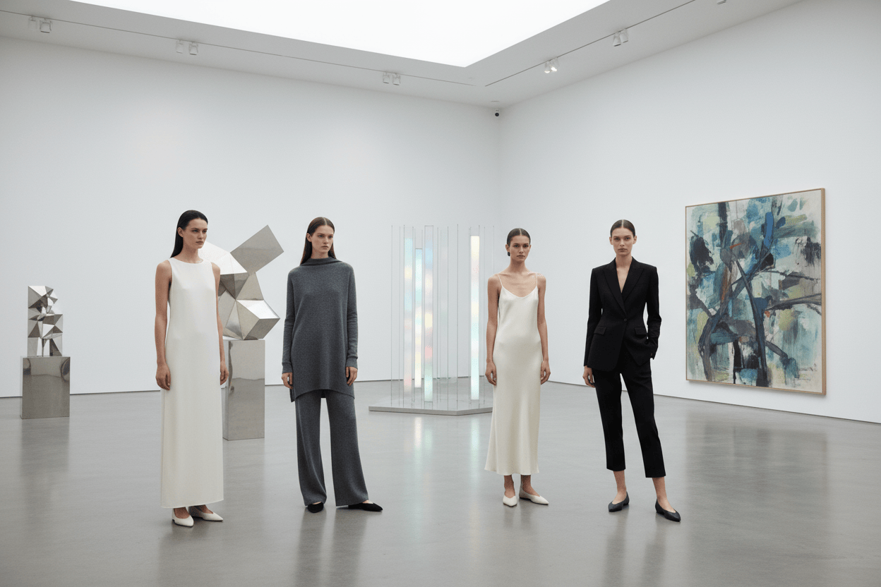 creat a modern art gallery with models showing minimal clothing