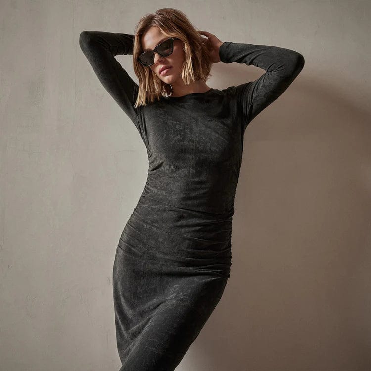 James Perse Stretch Velvet Ruched Dress - Fitted Long Sleeve by James Perse 