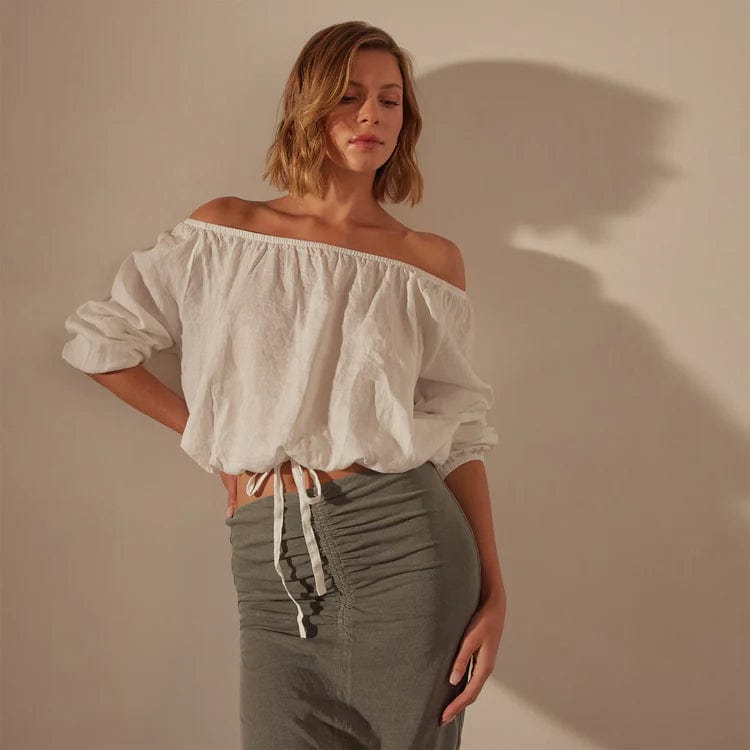 Shirts & Tops James Perse Linen Gathered Blouse - Drawstring Waist Rosy Brown