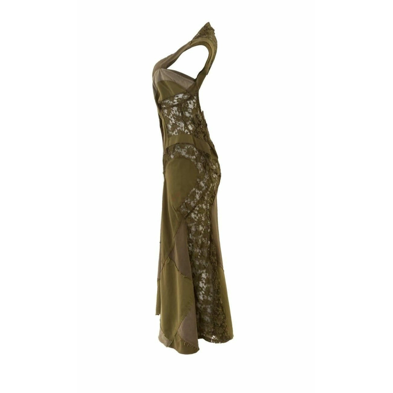 Dresses junya-watanabe-deconstructed-army-green-sleeveless-lace-patch-work-gown Dark Olive Green